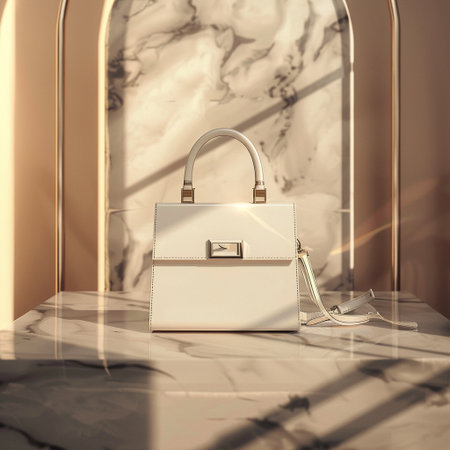Luxury white leather handbag on the marble countertop. 3D Renderingの素材