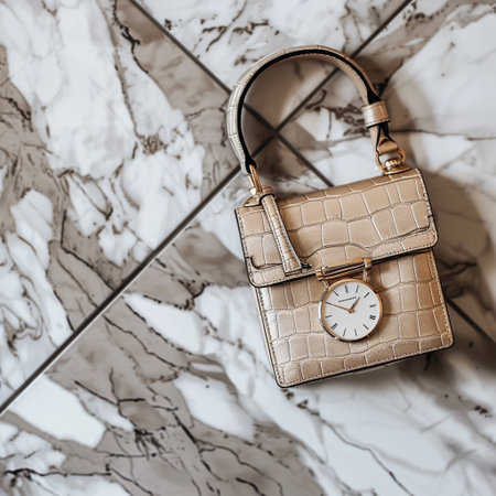 Luxury handbag on a marble background with copy space.の素材
