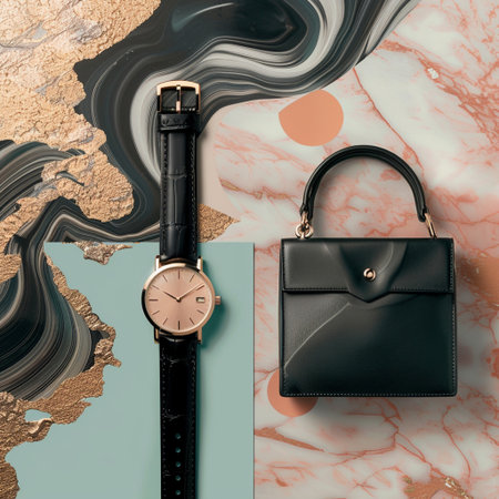 Black leather handbag and watch background. Flat lay, top viewの素材