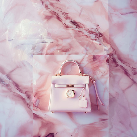 Luxury handbag background. Flat lay, top view.の素材