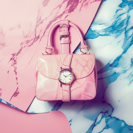 Fashionable pink handbag and watch on a marble background.の素材