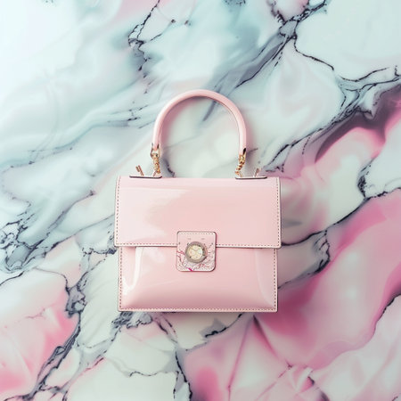 Pink leather clutch on a pink marble background. Fashionable concept.の素材