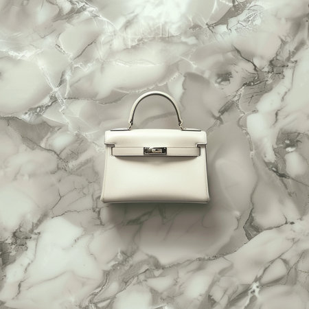 Luxury white leather handbagle background, top viewの素材