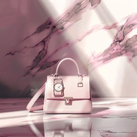 Women's handbag on a marble background. 3D rendering.の素材