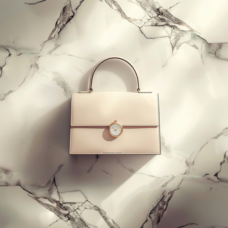 Luxury female handbag on white marble background. Toned.の素材