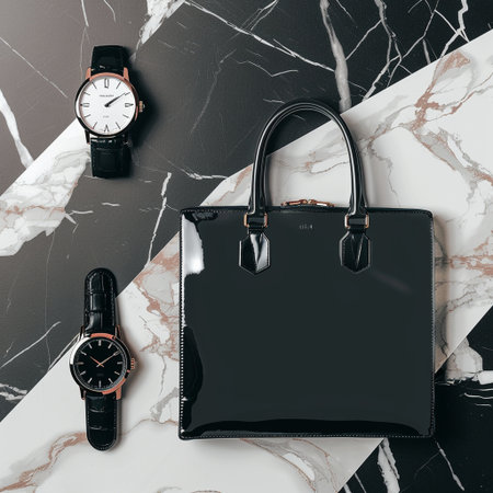top view of black leather handbag and wristwatch surfaceの素材