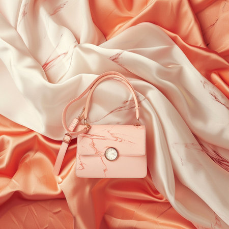 Luxury handbag on the background of silk fabric. Fashionable concept.の素材