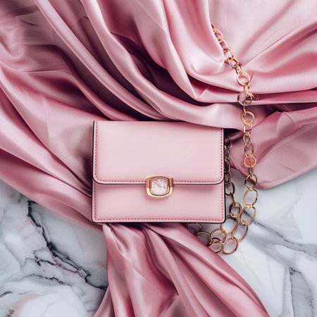 Fashionable pink clutch with golden chain on a white marble backgroundの素材