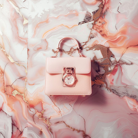 Stylish pink handbag on a marble background. Fashionable concept.の素材