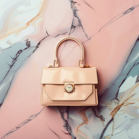 Beige leather clutch on a marble background. Fashionable concept.の素材