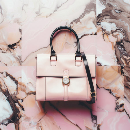 Fashionable women's handbag on a pink marble background.の素材