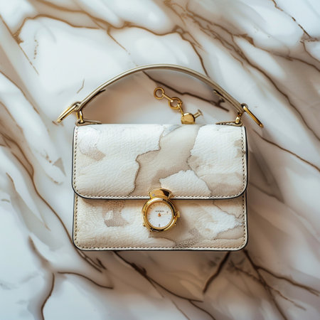 Luxury handbag background. Flat lay, top view.の素材