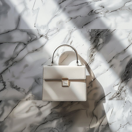 Luxury leather handbag on a marble background with shadows.の素材