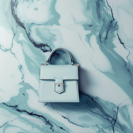 Luxury leather handbag on a marble background. Fashionable concept.の素材