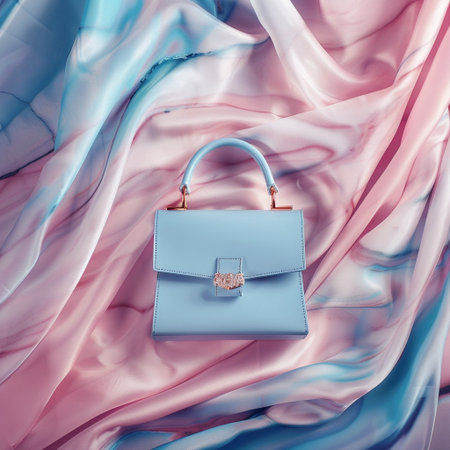 Luxury blue handbag on silk background. Fashionable concept.の素材