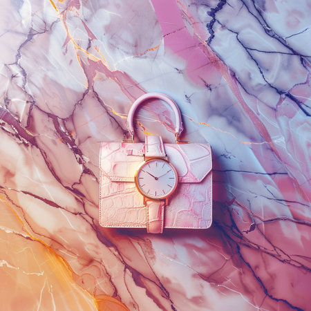 Women's handbag on a marble background. Fashionable concept.の素材
