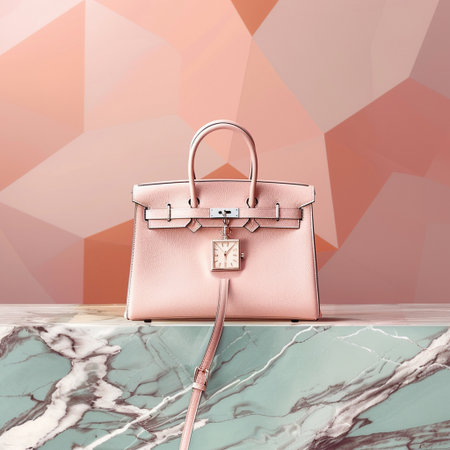 Pink handbag on a marble background. Fashionable concept. 3d renderingの素材