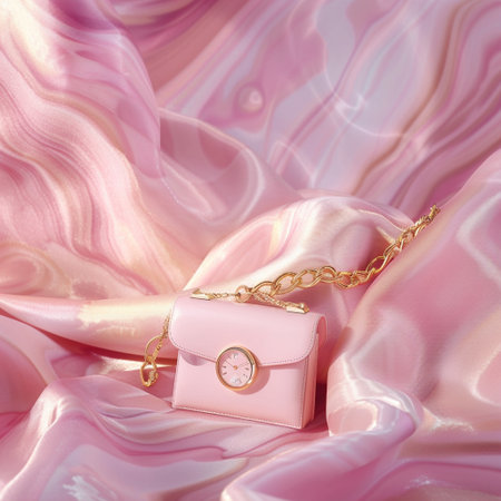Pink clutch with a chain on a pink satin background with copy spaceの素材