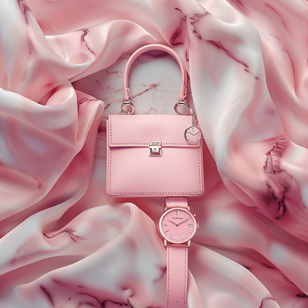 Fashionable women's handbag on a background of pink silk.の素材