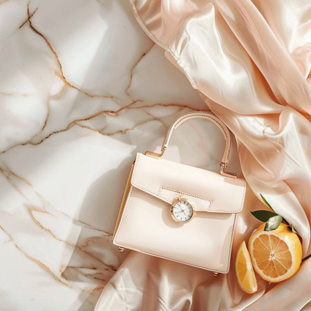Luxury handbag on white marble background, flat lay.の素材