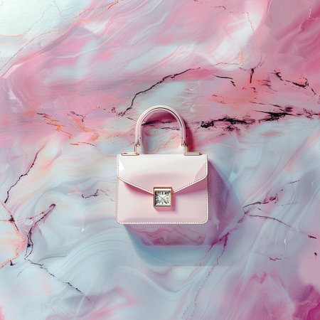 Fashionable pink leather handbag on a colorful marble background.の素材