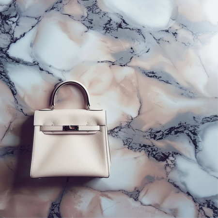 Luxury white leather handbagle background, top viewの素材