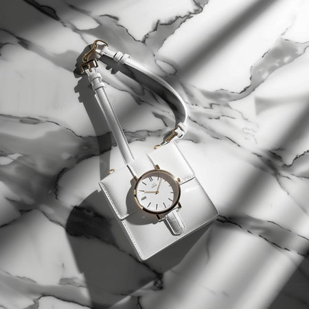 Women's luxury handbag on a marble background. Top view.の素材