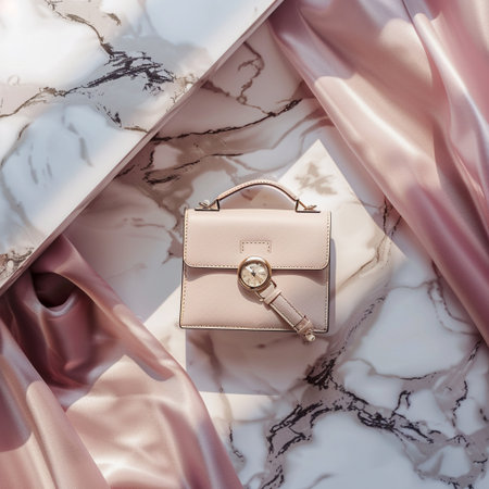 Luxury handbag on white marble background. Flat lay.の素材