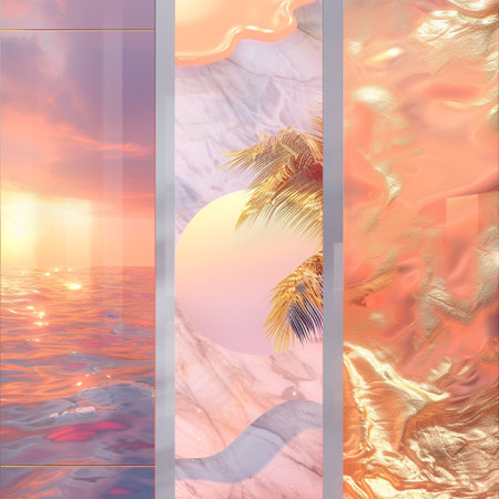 Summer background with palm tree, sea and sunset. 3d renderの素材