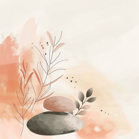 Abstract watercolor background with pebbles and plants. Vector illustration.の素材