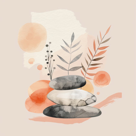 Watercolor zen stones and leaves. Hand drawn vector illustration.の素材