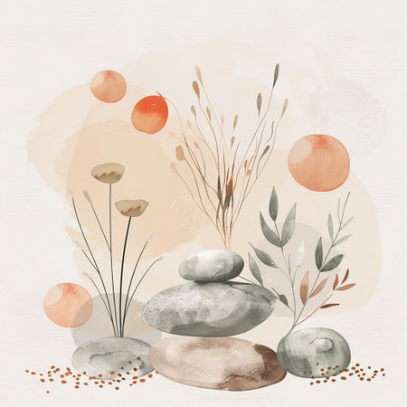 Hand drawn watercolor composition of stones and plants. Vector illustration.の素材