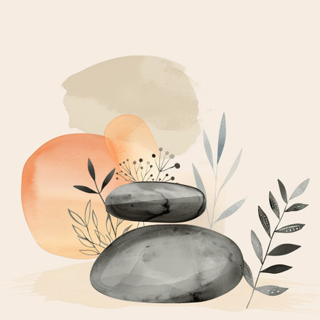 Hand drawn watercolor zen stones and leaves. Vector illustration.の素材