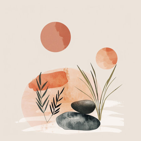 Abstract watercolor background with stones and plants. Hand drawn vector illustration.の素材