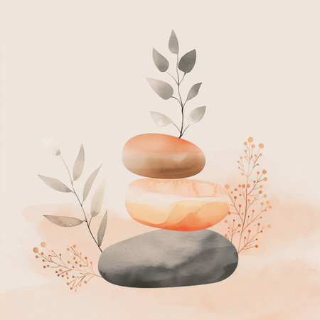Hand drawn zen stones and plants. Vector watercolor illustration.の素材