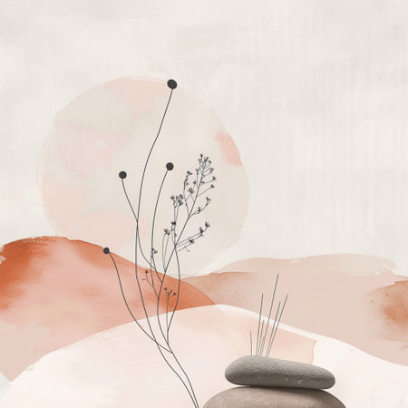 Minimalistic abstract background with watercolor hand drawn flowers and stonesの素材