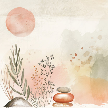 Watercolor background with stones and plants. Hand drawn vector illustration.の素材
