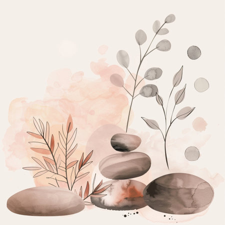 Watercolor hand drawn zen stones and plants. Vector illustration.の素材