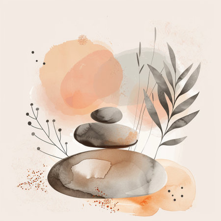 Watercolor zen stones and leaves. Hand drawn vector illustration.の素材