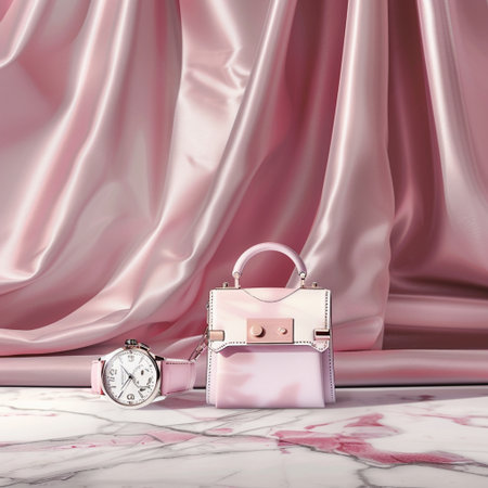 Ladies handbag and watch background. 3d renderingの素材