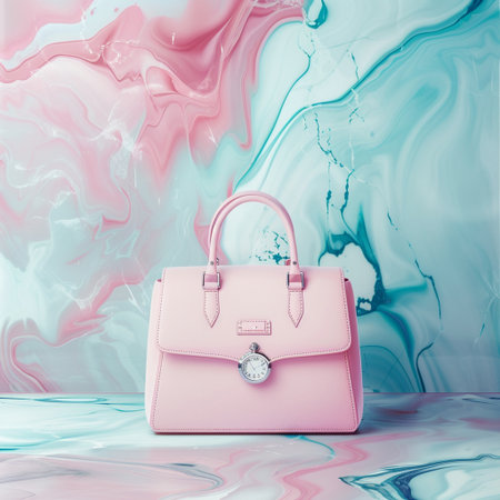 Fashionable pink handbag on a marble background. Toned.の素材
