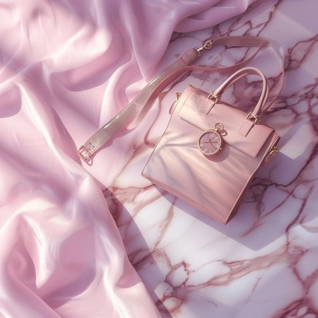 Fashionable woman's handbag on the background of pink silkの素材