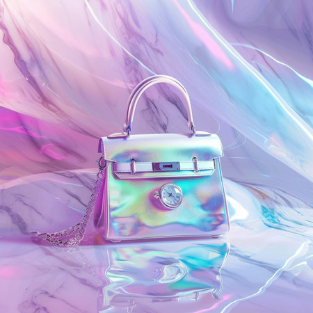 Fashionable handbag on a marble background. 3d renderingの素材