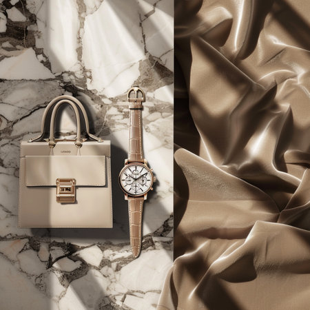 Luxury handbag and wristwatch on a marble background.の素材