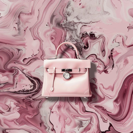Pink handbag on a pink marble background. Fashionable concept.の素材