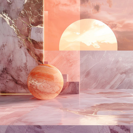 3d render, abstract background with marble texture, sun and planetの素材