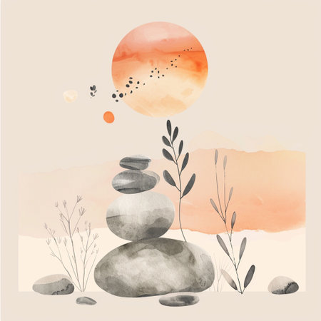 Zen stones and plants. Watercolor hand drawn illustration. Vector.の素材