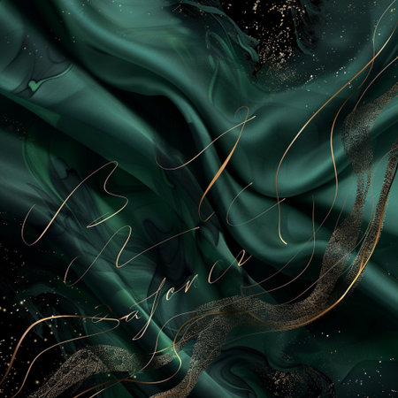 Luxury green abstract background with golden lines and sparkles.の素材