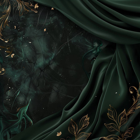 Abstract background with gold pattern on green fabric. 3d illustration.の素材