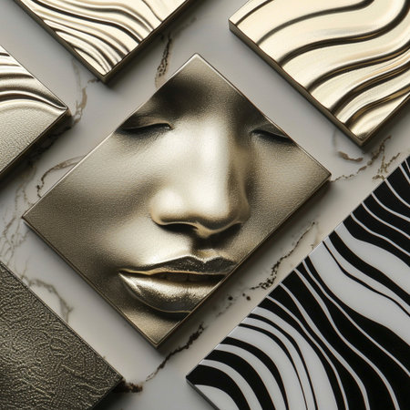 Gold mask on a marble background. 3d rendering, 3d illustration.の素材